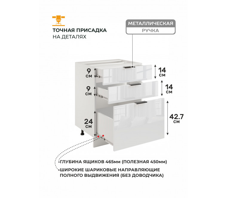Арко Нео Белый Глянец Шкаф нижний 3 ящика 600