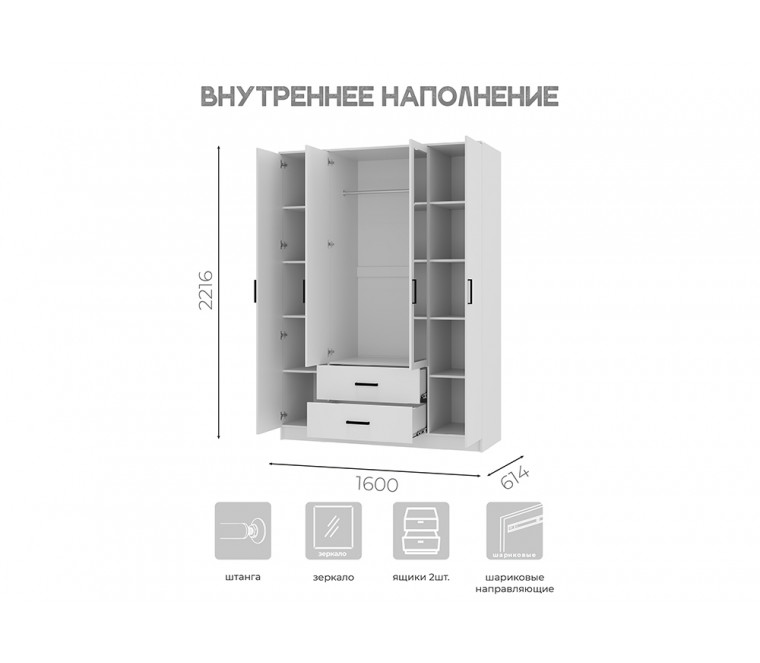 СГ Фьюжн Шкаф 4-х створчатый с ящиками ШК-14 1600 (Белый)